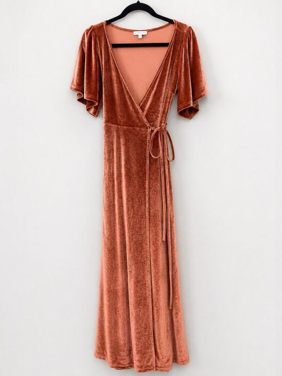 Baltic Born Dresses & Skirts - Baltic Born Velvet Wrap Maxi Dress Rose Bronze Flutter Sleeve XS